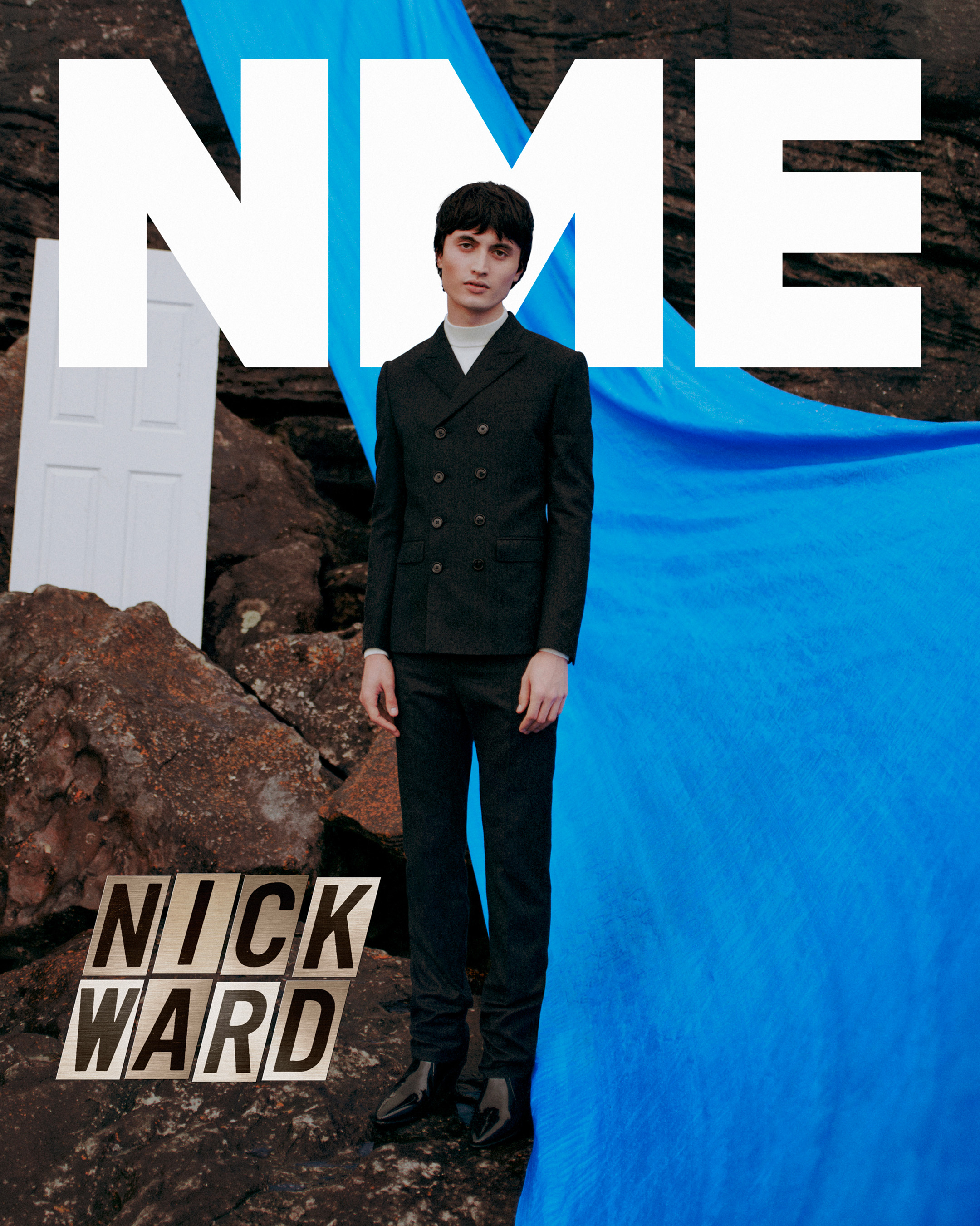 Nick Ward on The Cover of NME (2024), wearing a jacket, a turtleneck, pants and shoes by Celine, photo by Dean Podmore